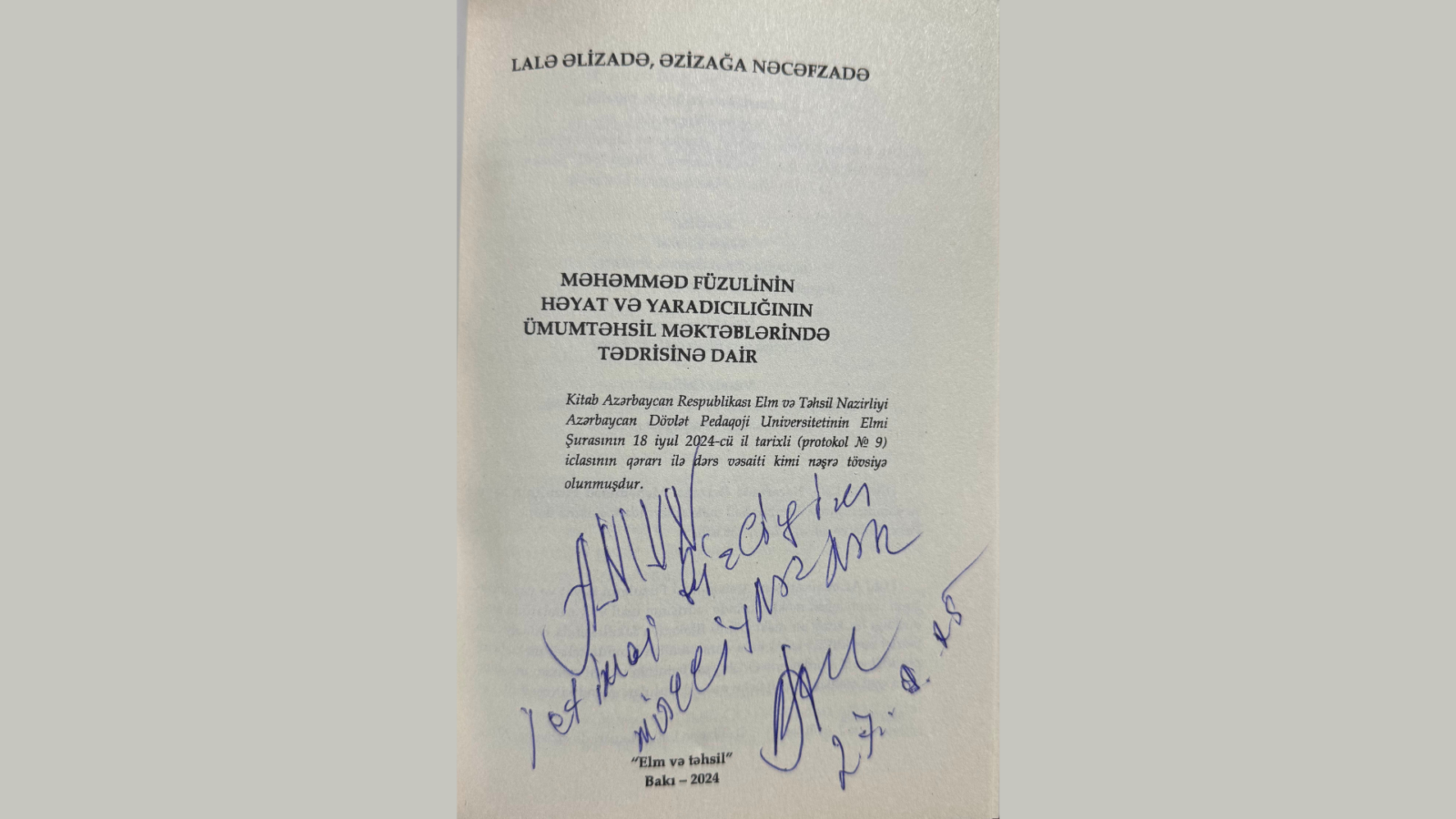 Lalə xanımın kitaba yazdığı ürək sözləri